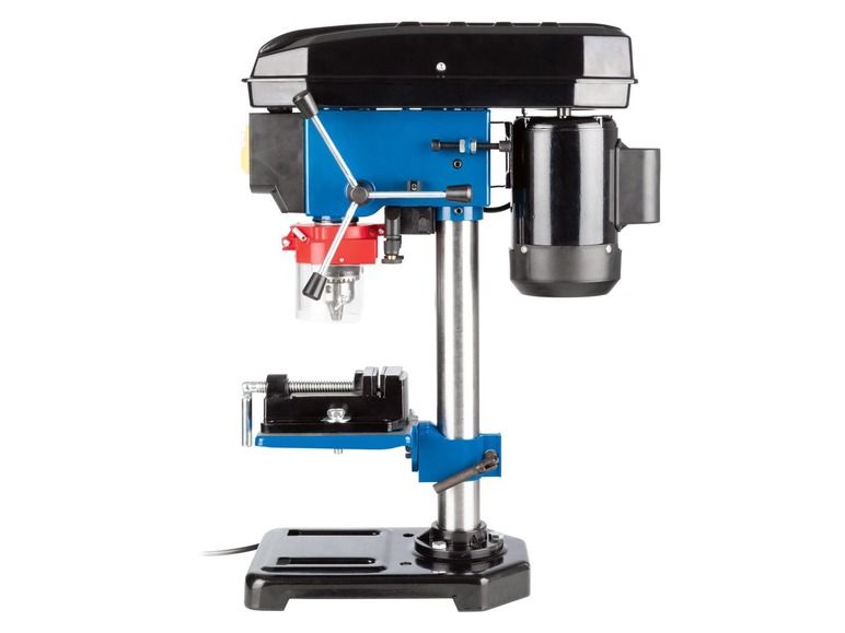 Eine blaue Bohrmaschine mit einem Schraubstock