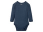 Ein dunkelblauer Baby-Body mit langen Ärmeln.