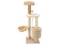 Ein beiger Kratzbaum mit einer Plattform, einem Körbchen und einem Hängespielzeug.