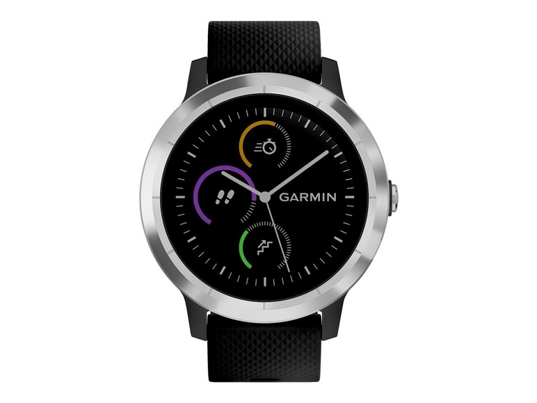 Eine Garmin Smartwatch mit silbernem Gehäuse und schwarzem Armband.