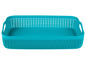 Ein türkisfarbener Plastik-Aufbewahrungskorb mit Griffen.