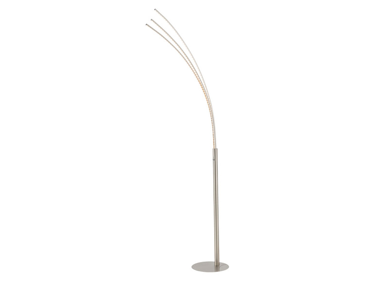 Eine silberfarbene Stehlampe mit drei gebogenen Armen.