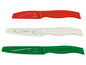 Drei Küchenmesser mit roten, weißen und grünen Griffen.