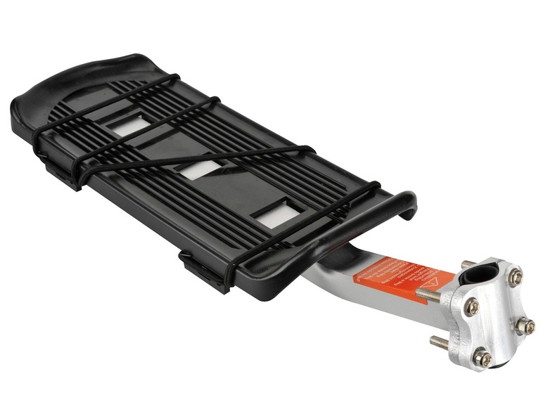 Ein schwarzer Fahrradträger mit Gummibändern für Gepäck.