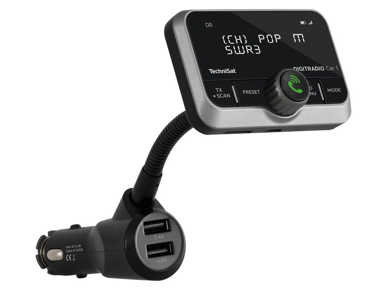 Ein TechniSat DIGITRADIO Car 1 Autoradio mit FM-Sender und doppeltem USB-Ladegerät.