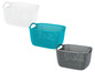 Drei Aufbewahrungskörbe aus Kunststoff in Weiß, Türkis und Grau.