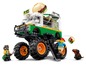 Ein LEGO Monster Burger Truck mit großen Rädern, einem Burger und LEGO Minifiguren.