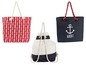 Zwei Strandtaschen mit Ankermotiv und eine rote Tasche mit Streifen.