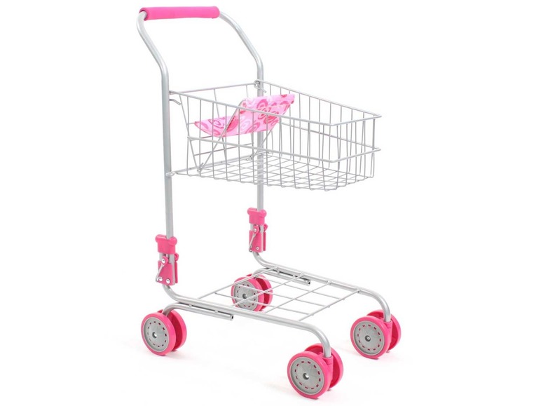 Ein rosa Spielzeug-Einkaufswagen mit Rädern.
