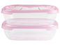 Zwei transparente Plastikbehälter mit rosa Deckeln.