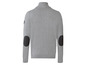Grauer Strickpullover mit Ellenbogenpatches.