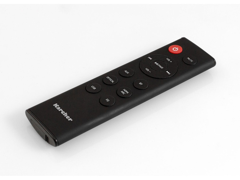 Eine schwarze Karcher Fernbedienung mit Knöpfen für Lautstärke, Ton und Anschlüsse.