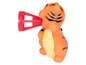 Ein orangenes Tiger-Spielzeug mit einem roten Seifenblasenbläser.