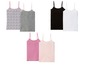 Sechs Tanktops für Mädchen: Zwei mit Print, zwei einfarbig und zwei mit Spitze.