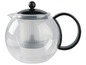 Glas-Teekanne mit schwarzem Griff und eingebautem Teesieb.