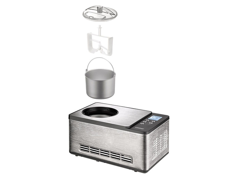 Eine UnoCasa Eiscrememaschine mit Gefrierbehälter, Rührwerk und Deckel.