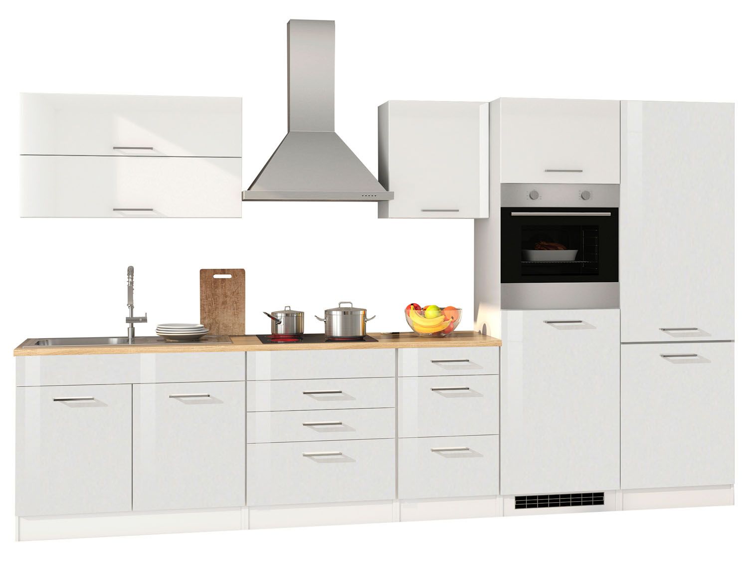 HELD Küchenzeile Mailand 220-390cm (inkl. E-Geräte, Hochglanz-weiß/eiche sonoma, 350 cm)““ | 1 Arbeitsplatte 220 cm, 1x Einbauspüle Zubehör und Sonstiges: Küchenutensilien und Dekorationsartikel nicht im Lieferumfang enthalten Material: Spanplatte/MDF Lieferumfang: Alle Holzteile sind zerlegt zum Selbstaufbau. Maße: Küchenzeile: ca. B 220 x H 200 x T 60 cm Gewicht: Küchenzeile: ca. 133 kg Breite 220 cm – mit E-Geräten Held Küchenzeile »Mailand«