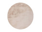 Ein runder Teppich in einem hellen, neutralen Farbton.