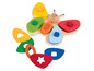 Holzp Puzzle in Form eines Schmetterlings mit verschiedenen Formen und Farben.