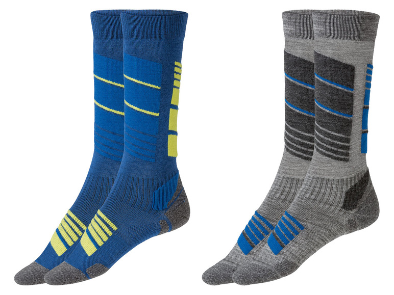 Zwei Paar Sport Socken in Blau und Grau mit gelben Akzenten.