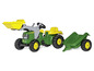 John Deere Spielzeugtraktor mit Frontlader und Anhänger.
