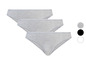 Drei graue Damen-Slips mit kontrastierenden Einfassungen in verschiedenen Farben.