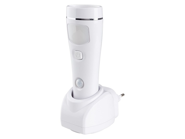 Eine weiße drahtlose Lampe mit Bewegungssensor und Ladestation.