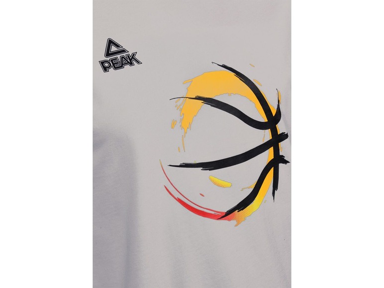 Ein graues Shirt mit einem Basketball-Design und dem Peak-Logo.