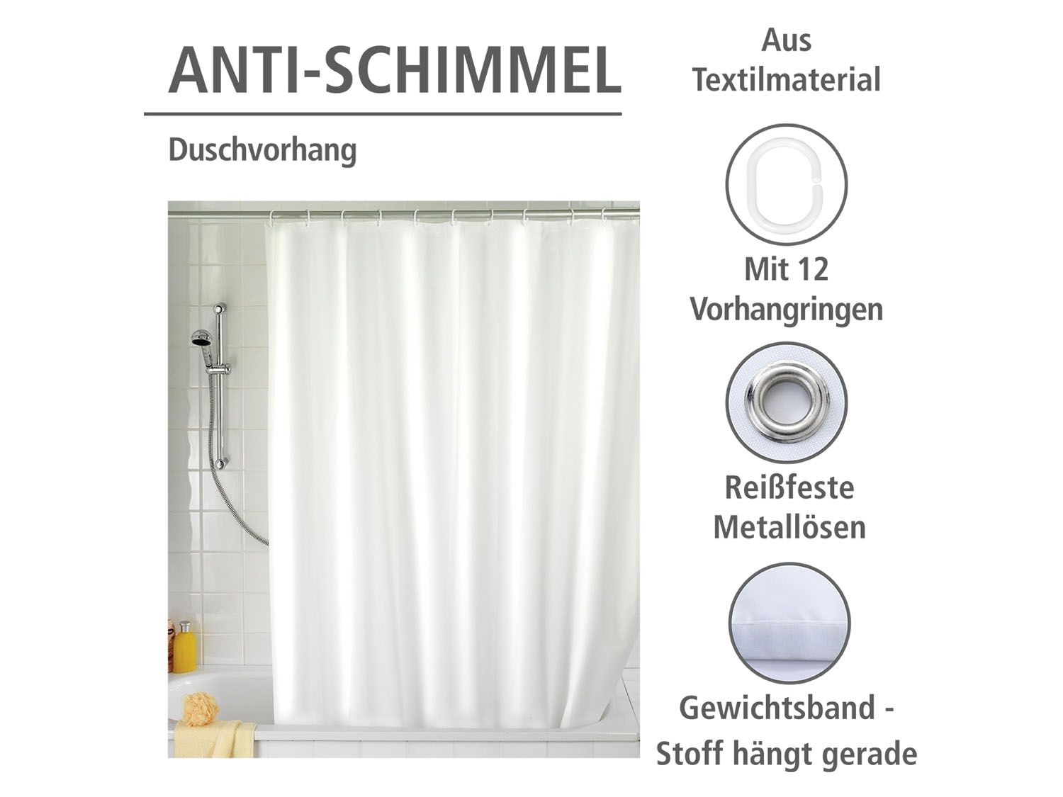 Thumbnail - Wenko Anti-Schimmel Duschvorhang 180 x 200 cm, waschbar (Uni weiß)