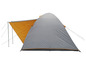 Ein graues Zelt mit einer orangenen Markise.
