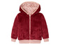 Rote Plüschjacke mit Kapuze und Blumendruck.