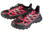 Zwei schwarze und rosafarbene Trailrunning-Schuhe mit Schnürsenkeln