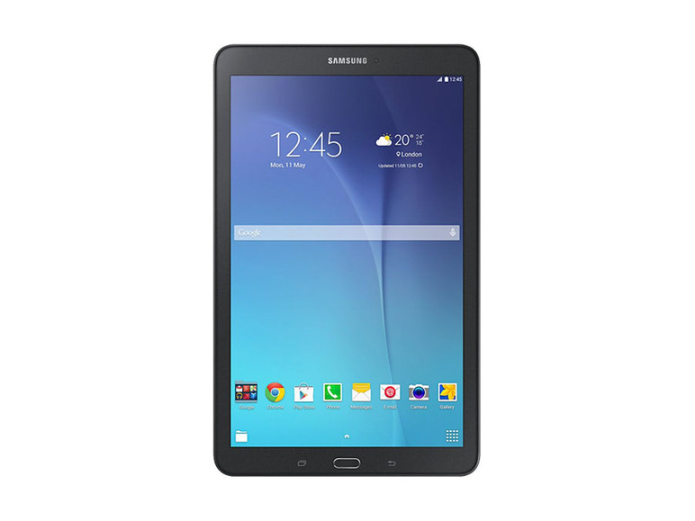 Ein schwarzes Samsung Tablet mit einem Startbildschirm mit Google und Apps wie Chrome, Play Store, Telefon und Kamera.