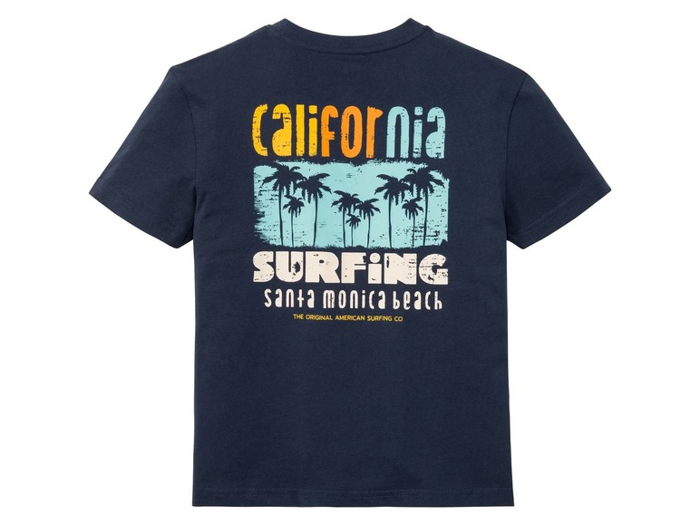 Ein dunkelblaues T-Shirt mit einem Aufdruck von Palmen und dem Text 'California Surfing Santa Monica Beach'.