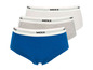 Drei Paar MeXX Damen-Slips in Weiß, Grau und Blau.
