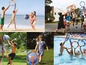 Kinder spielen mit aufblasbaren Ringen und Bällen im Pool und am Strand.