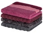 Stapel Handtücher in Rosa-, Rot- und Grautönen