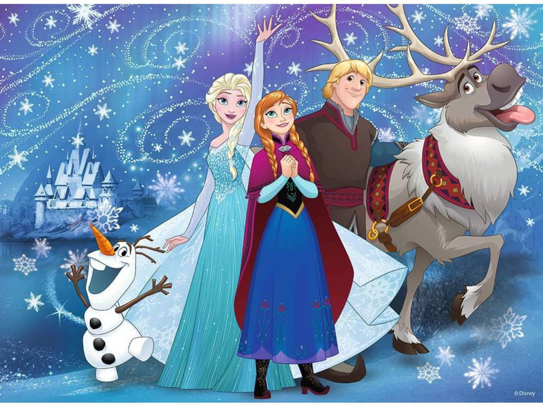 Elsa, Anna, Kristoff und Sven aus Frozen in einer winterlichen Szene.