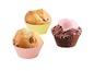 Zwei Muffins mit Schokolade und ein Cupcake mit rosa Zuckerguss.