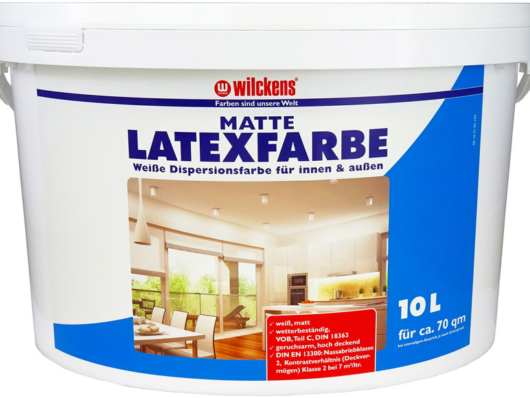 Eimer mit 10 Litern weißer matter Latexfarbe von Wilckens, geeignet für innen und außen.