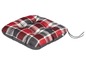 Ein rot-weiß-graues kariertes Sitzkissen mit Bändern.