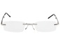 Silberne randlose Brille mit schwarzen Bügeln.