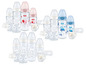 NUK Babyflaschen in verschiedenen Designs und ein Schnuller.