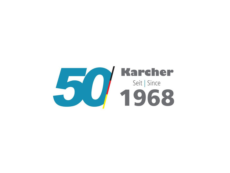 Kärcher feiert 50 Jahre mit einem Logo, das die deutsche Flagge enthält.