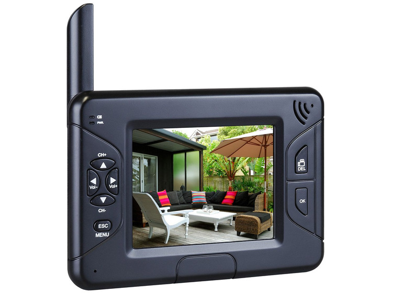 Schwarzer drahtloser Sicherheitsmonitor mit einem Bild einer Terrasse