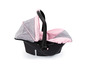 Ein rosa und grauer Babyautositz.