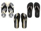 Drei Paar Livergy Flip-Flops mit geometrischen und gestreiften Mustern.