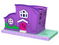 Ein lila Pollyville Spielhaus mit einer rosa Tür.