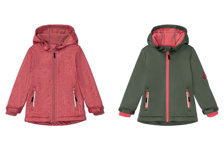 Zwei Kinderjacken mit Kapuze: eine rosa mit Blättermuster und eine grüne.