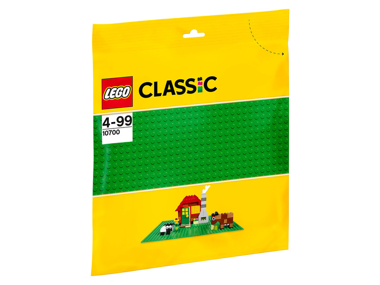 LEGO Classic Set mit grüner Grundplatte und kleinen Häusern.